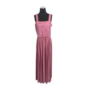 70s 80s Rose Pink Lace Pleated Formal Dress Gown Medium vintage prom party